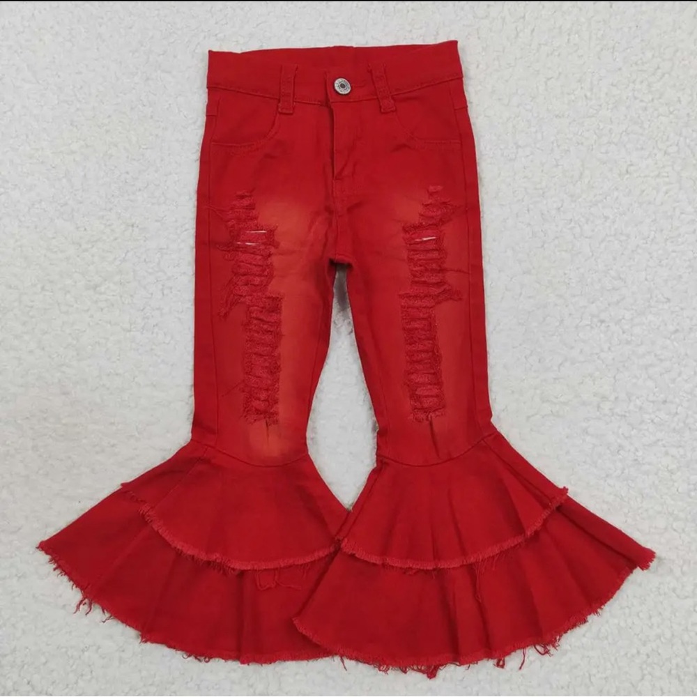 Red distressed bell bottom